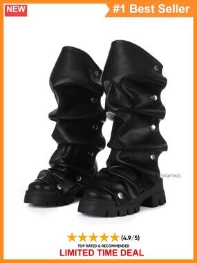 Women's Slouchy Fold Over Mid Calf Platform Boots Chunky Heel